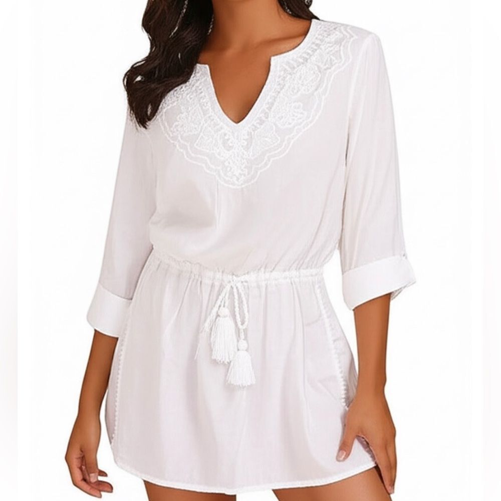 Lands' End White Cotton Embroidered Boho Tunic Size Small Dress, Top, Cover Up